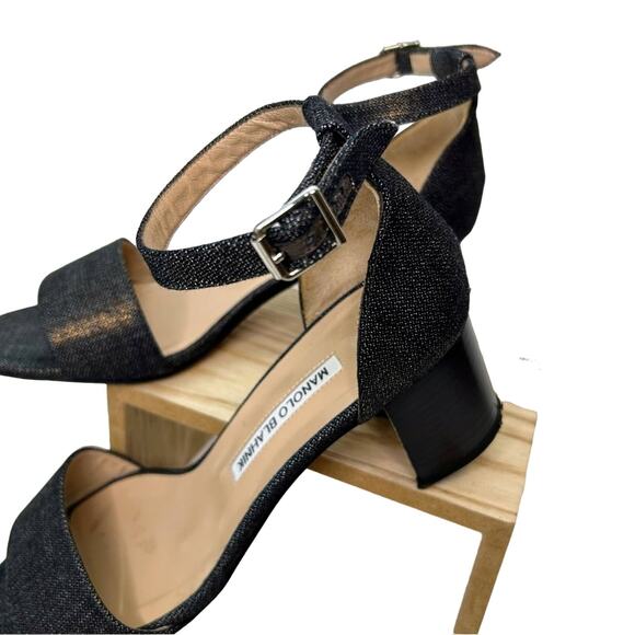 Manolo Blahnik Lauratomod Denim Ankle-Wrap Sandal in Metallic Wash Denim - Picture 3 of 9